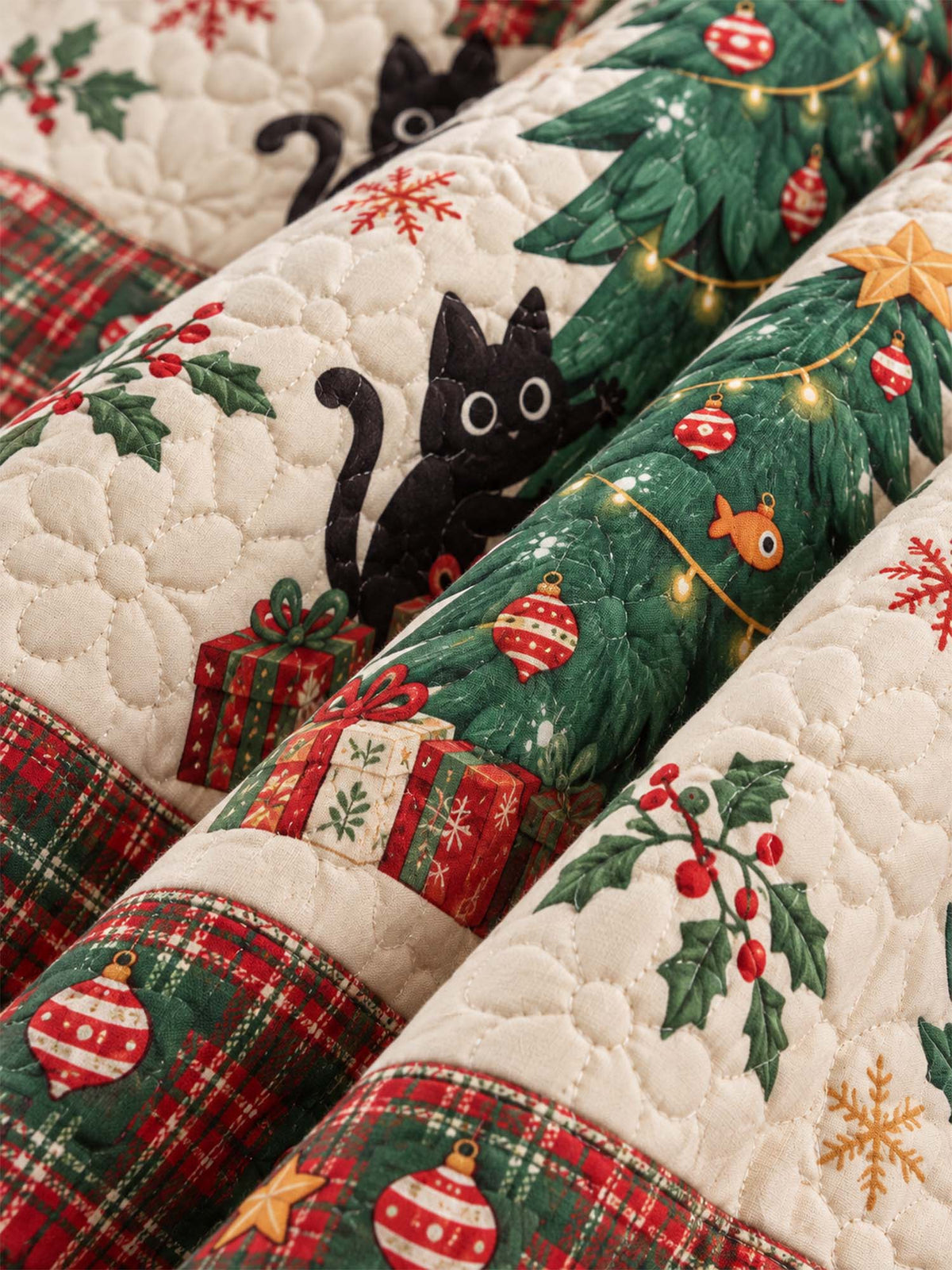 Playful Black Cats Christmas Tree Quilted 3-Piece Bedding Set