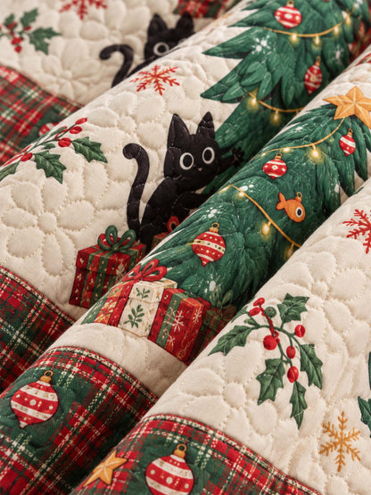 Playful Black Cats Christmas Tree Quilted 3-Piece Bedding Set