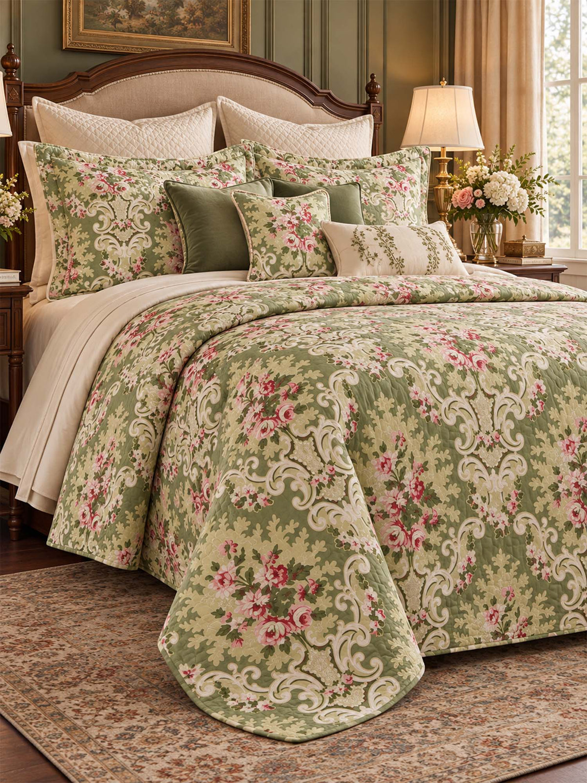 Vintage Rose Botanical Floral Quilted 3-Piece Bedding Set