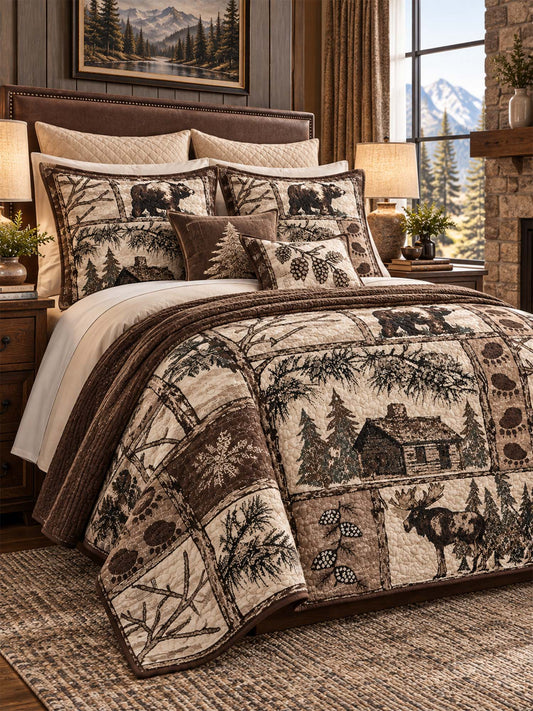 Rustic Bear & Moose Cabin Quilted 3-Piece Bedding Set