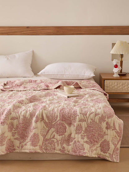 Vintage Pink Peony Floral 100% Cotton Gauze Soft Puff Blanket