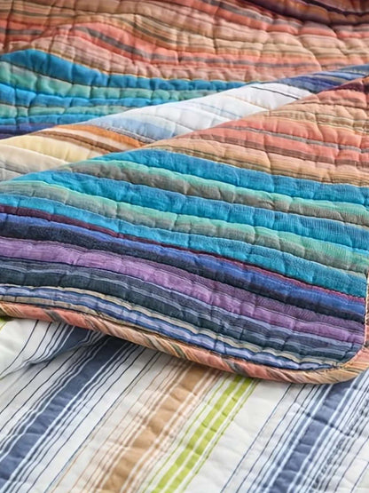 Retro Boho Multicolor Striped 100% Cotton Quilted 3-Piece Bedding Set