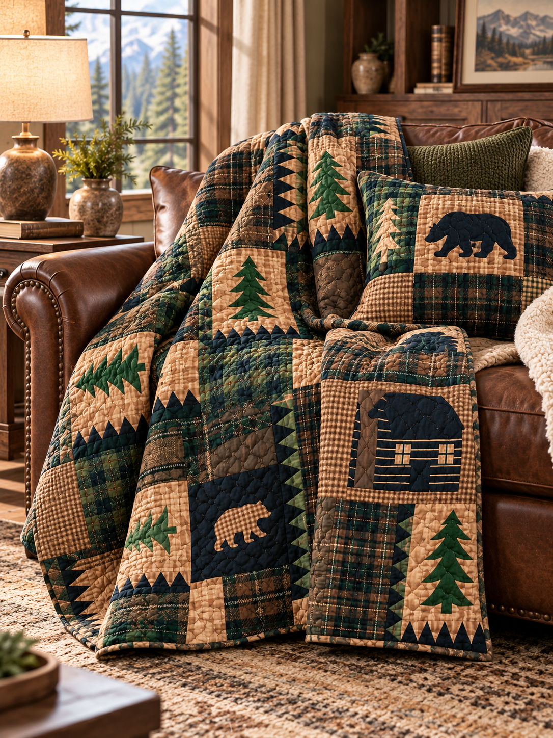 Rustic Bear and Bison Patchwork Quilted 3-Piece Bedding Set