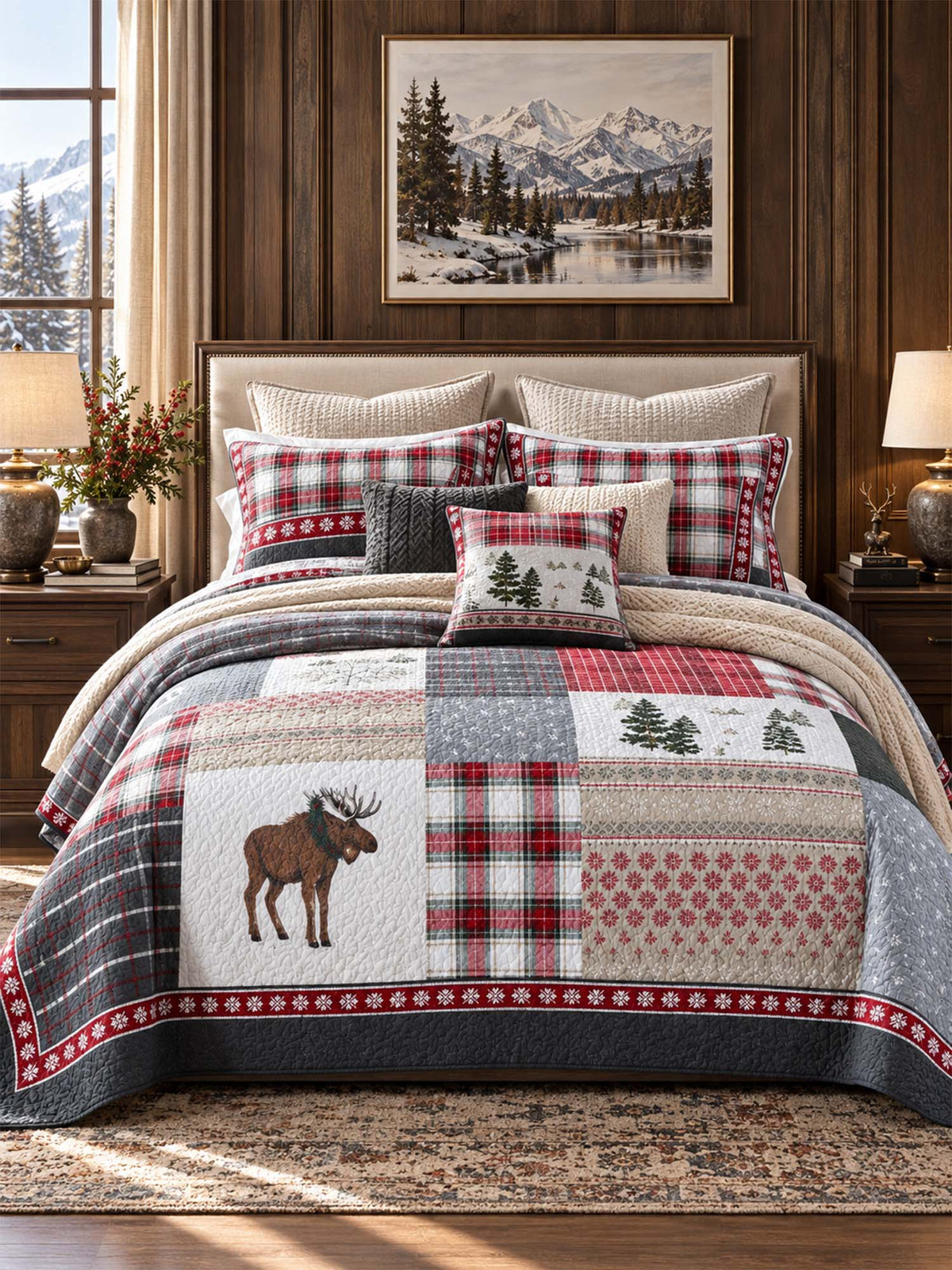 Moose Rustic Cabin 100% Cotton Quilted 3-Piece Bedding Set