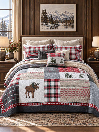 Moose Rustic Cabin 100% Cotton Quilted 3-Piece Bedding Set