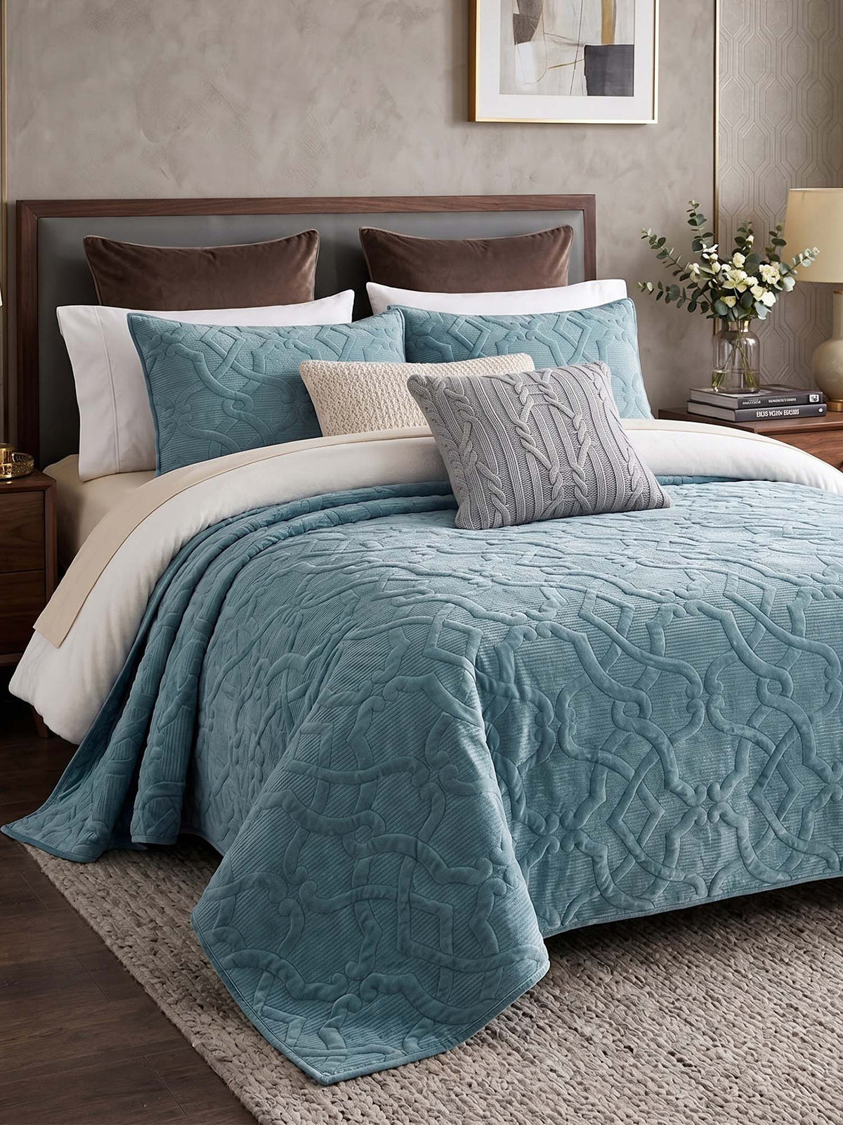 Geometric Velvet Solid Color Quilted 3-Piece Bedding Set