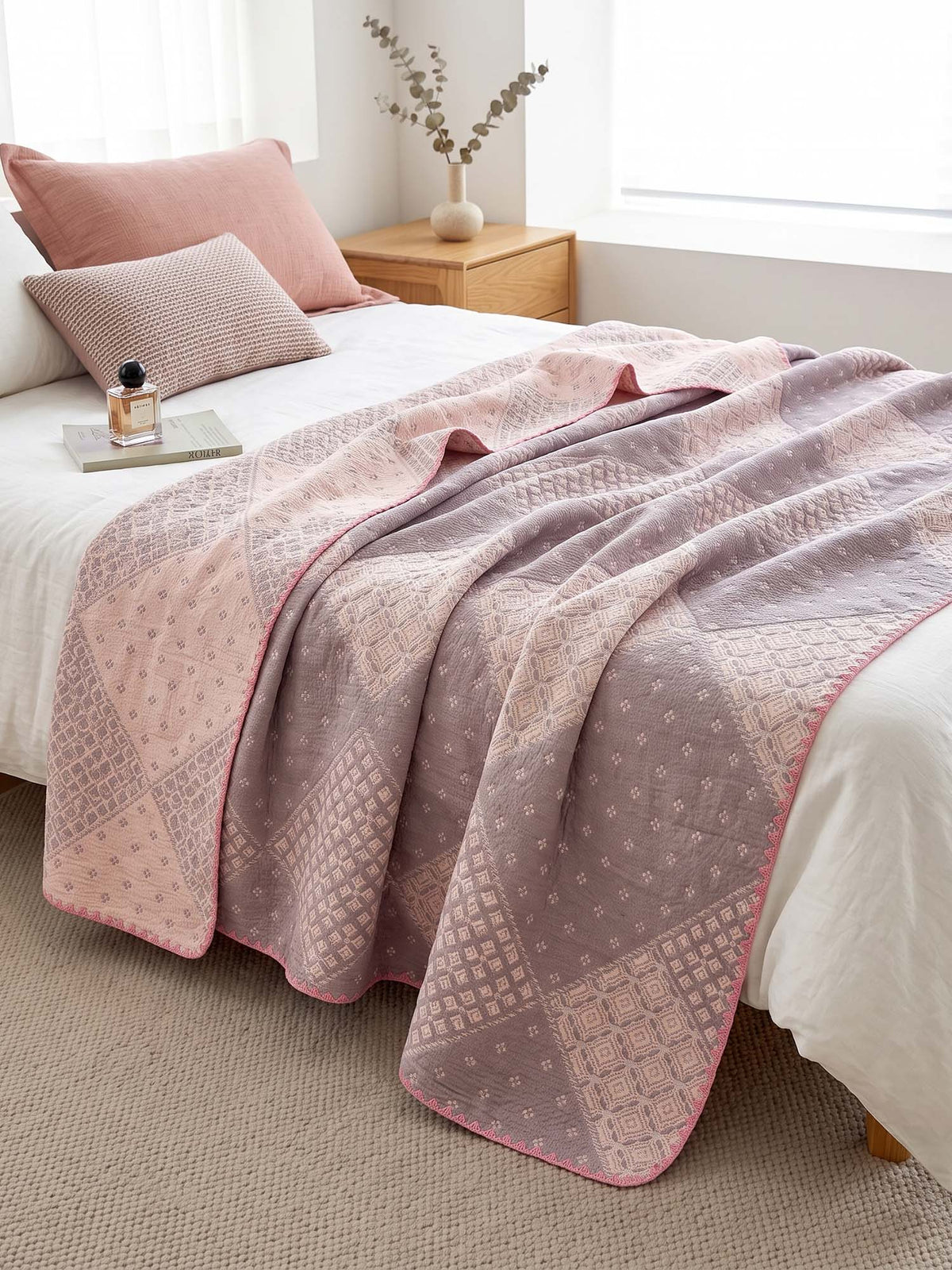 Vintage Pink Patchwork Jacquard Quilted Throw Three‑Layer Gauze Cotton Blanket