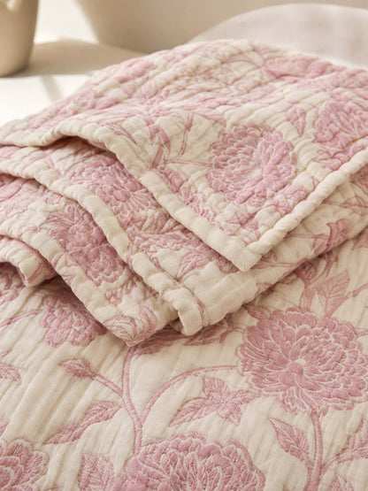 Vintage Pink Peony Floral 100% Cotton Gauze Soft Puff Blanket