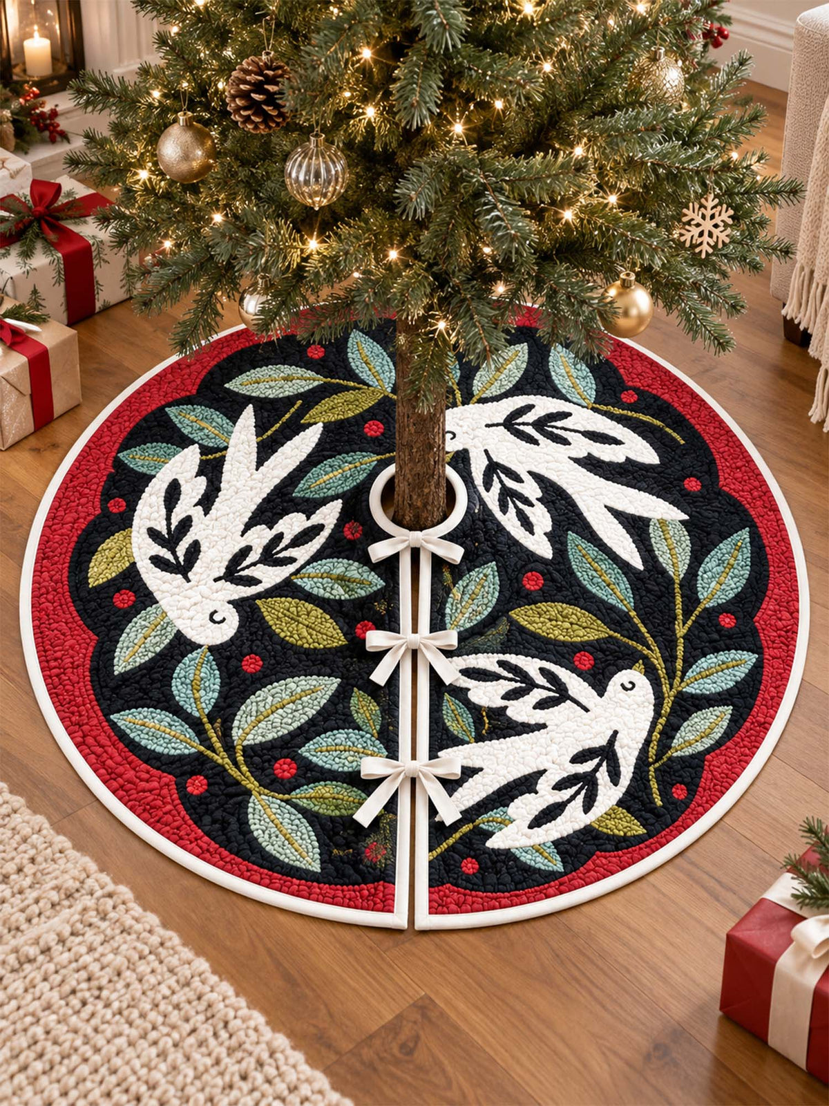 White Dove Botanical Folk Art Quilted Christmas Tree Skirt