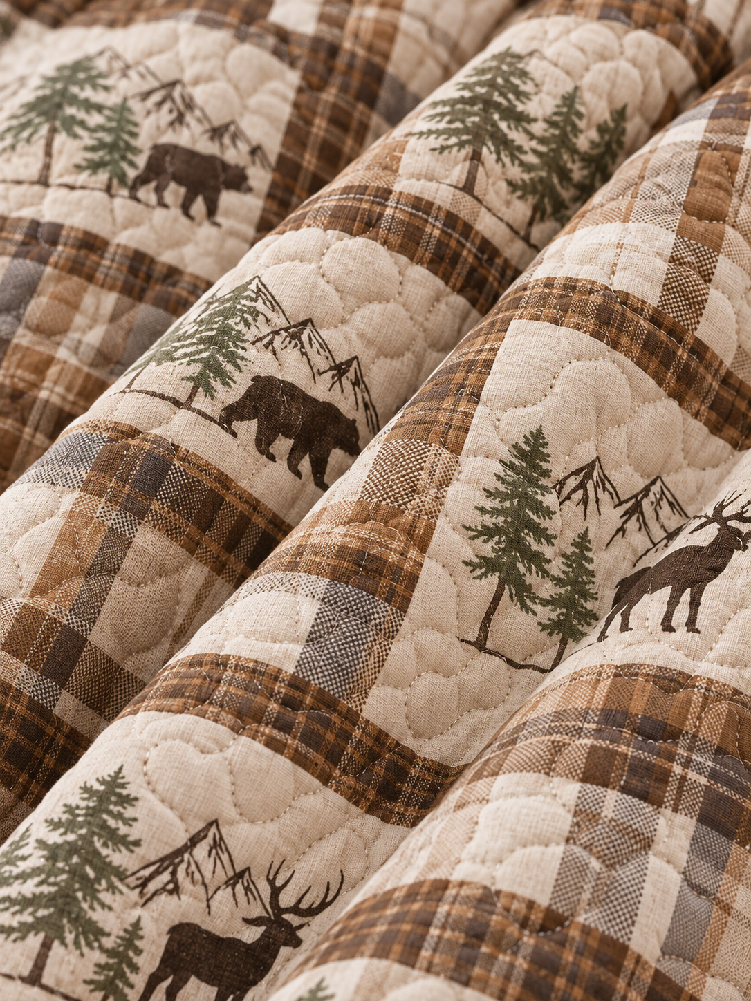 Moose and Deer Forest Plaid Quilted 3-Piece Bedding Set
