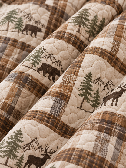 Moose and Deer Forest Plaid Quilted 3-Piece Bedding Set