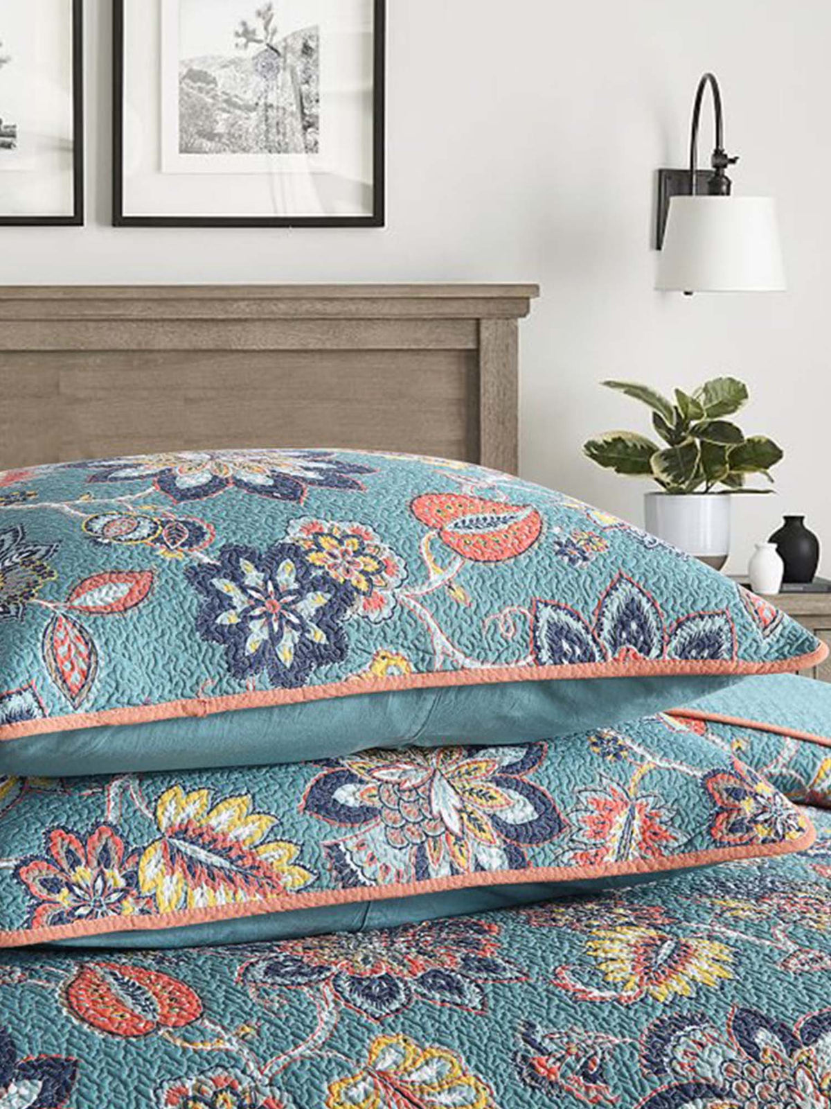 Teal Autumn Bloom Quilted 3-Piece Bedding Set