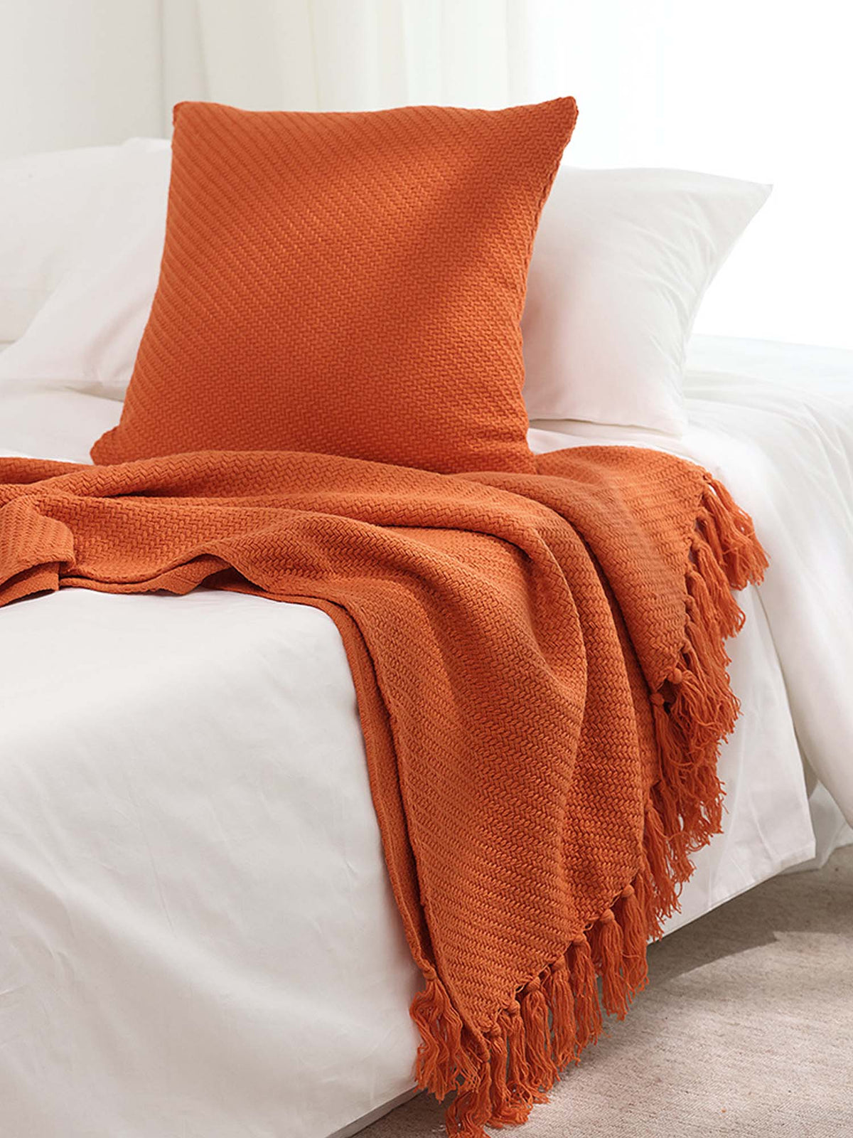 Textured Fringe Knitted Throw Blanket & Pillow Cover Set