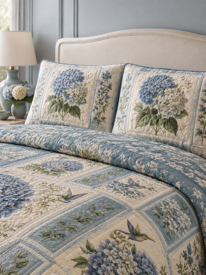 Blue Hydrangea Quilted 3-Piece Bedding Set