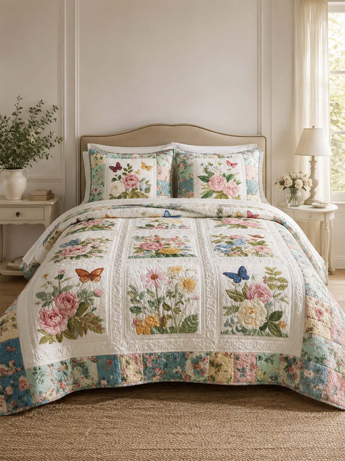 H.PAI Vintage Floral Garden Quilted 3-Piece Bedding Set