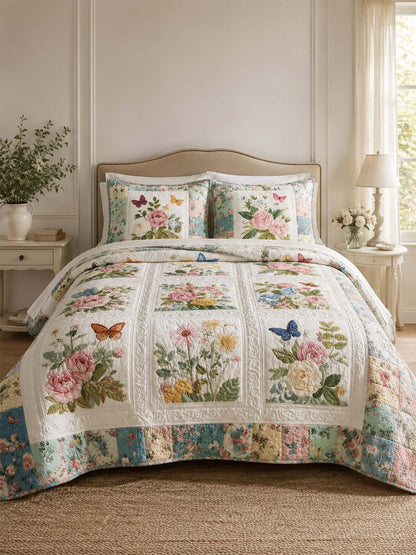 H.PAI Vintage Floral Garden Quilted 3-Piece Bedding Set