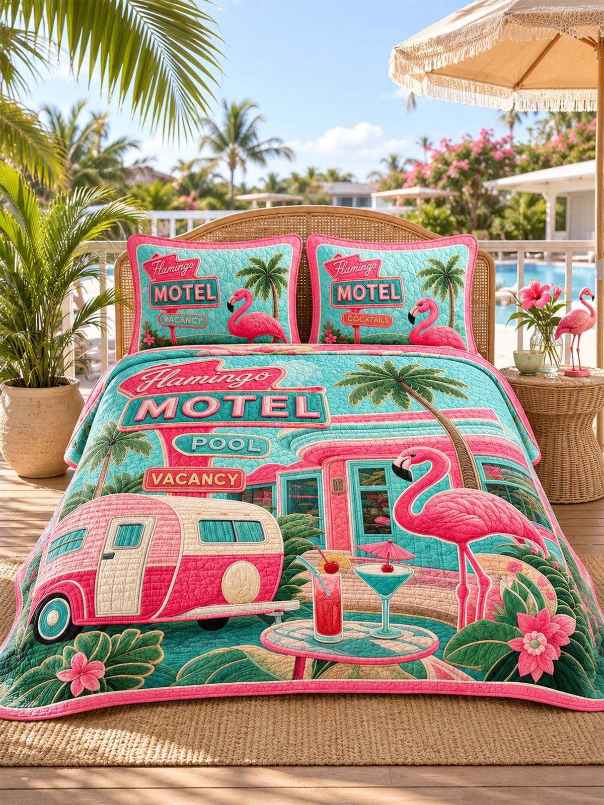 H.PAI Flamingo Motel Tropical Paradise Quilted 3-Piece Bedding Set