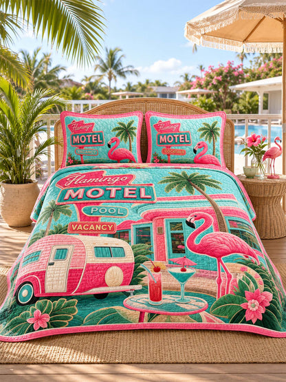 H.PAI Flamingo Motel Tropical Paradise Quilted 3-Piece Bedding Set