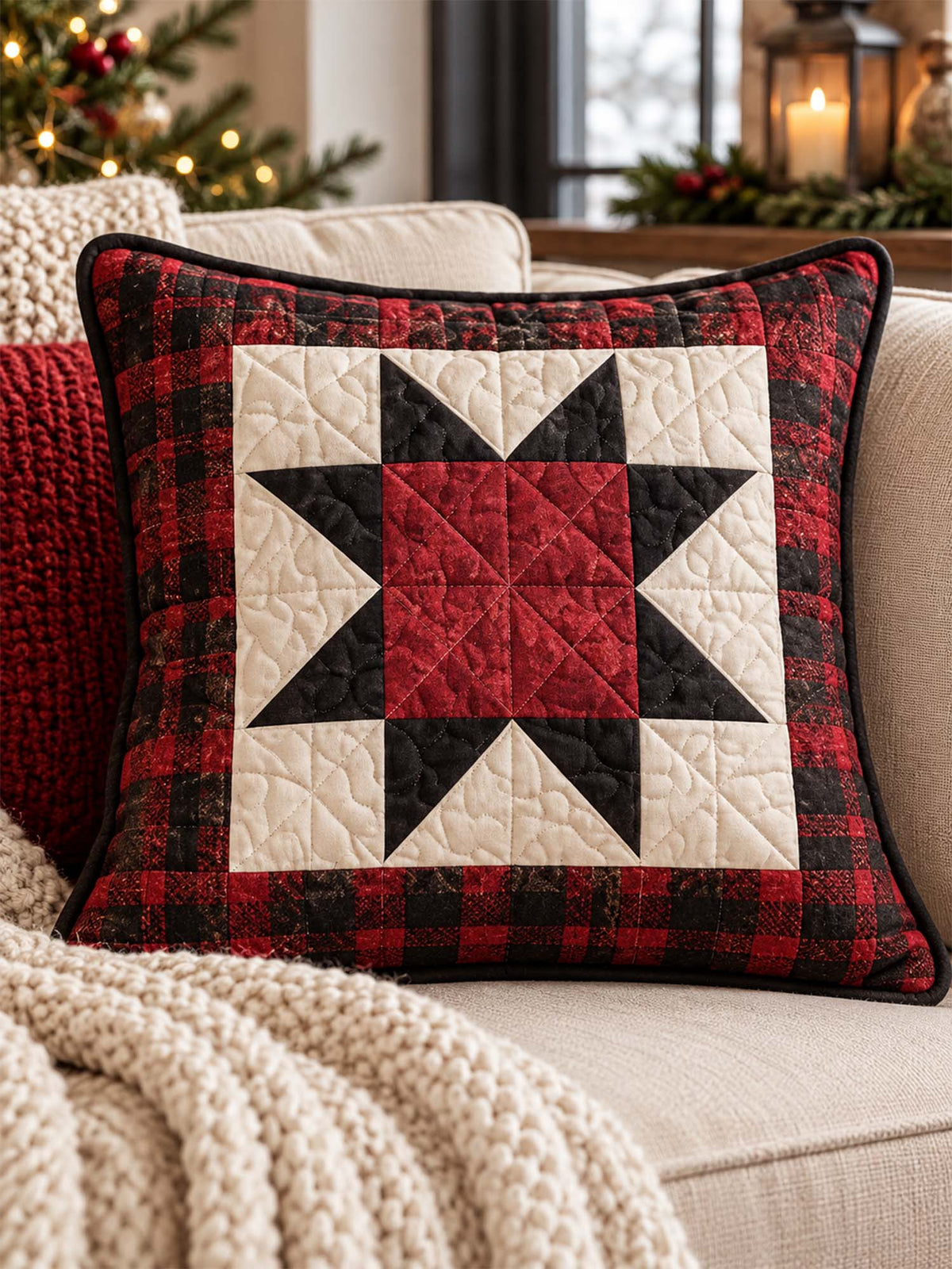 Vintage Christmas Red & Black Star Plaid Quilted Pillow Cover