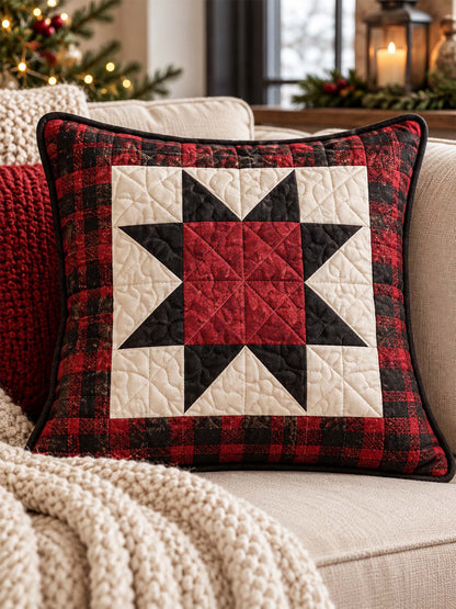 Vintage Christmas Red & Black Star Plaid Quilted Pillow Cover