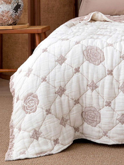 Light Taupe Rose Diamond Grid Quilted Bedspread Cotton Puff Quilt Blanket