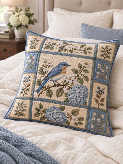 Bluebird Hydrangea Garden Quilted Pillow Cover