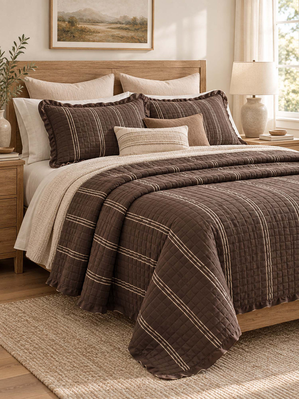 Stripe Ruffle Jacquard 100% Cotton Reversible Quilted 3-Piece Bedding Set