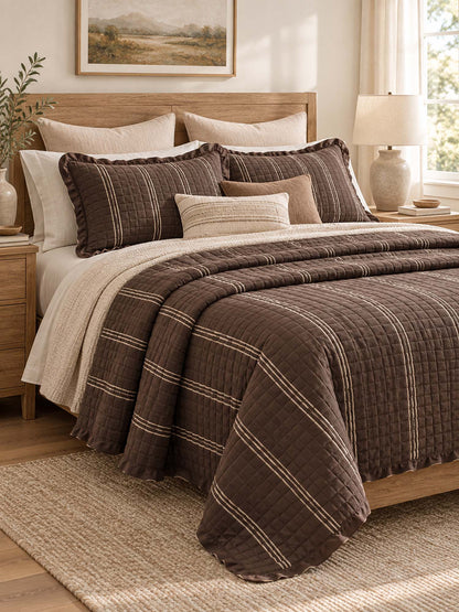 Stripe Ruffle Jacquard 100% Cotton Reversible Quilted 3-Piece Bedding Set