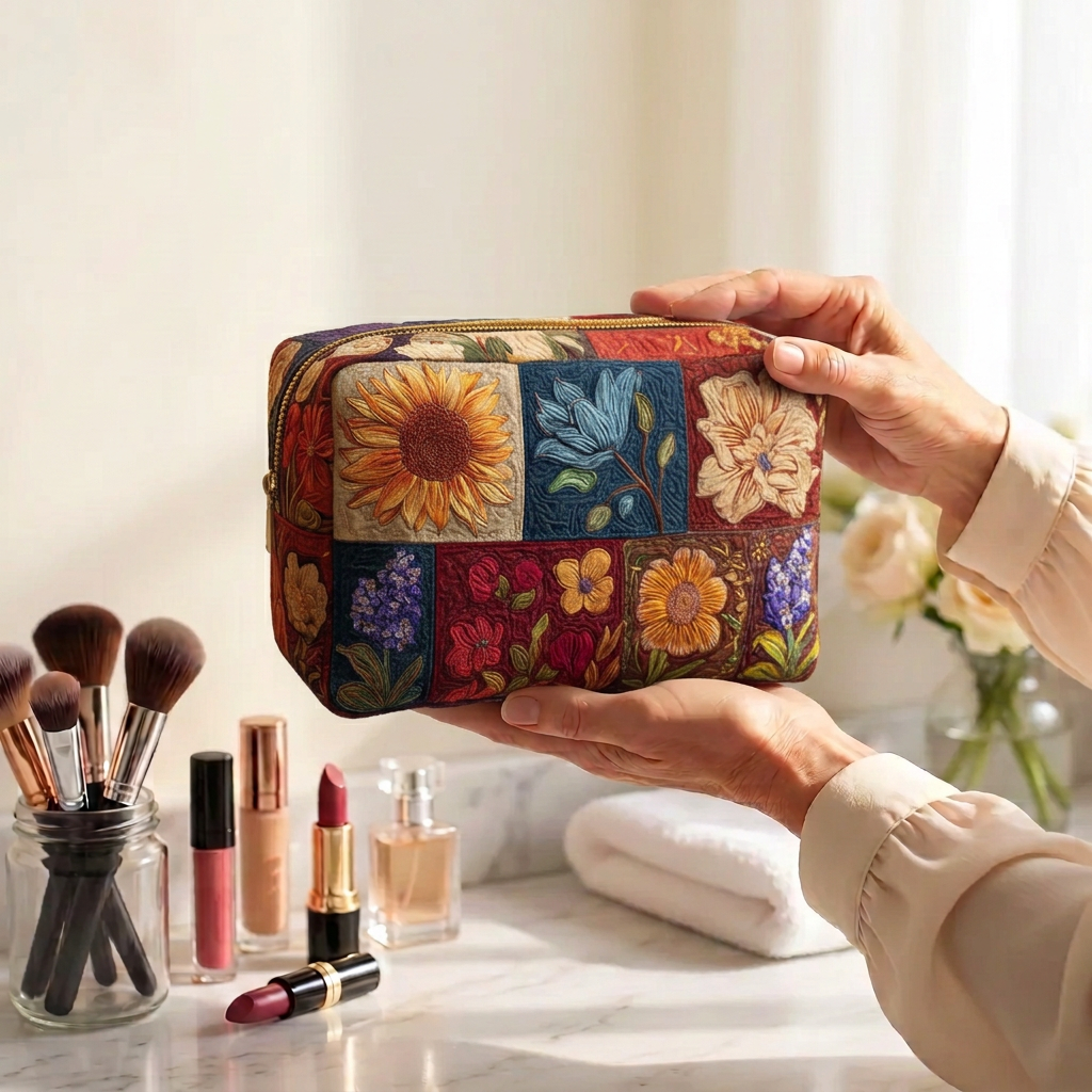Gewatteerde make-uptas Bloemenpatchwork