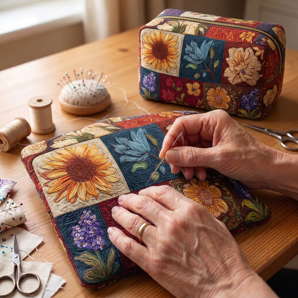 Gewatteerde make-uptas Bloemenpatchwork